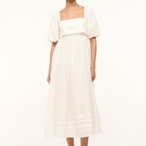 STAUD White Square-Neck Midi Dress with Puff Sleeves
